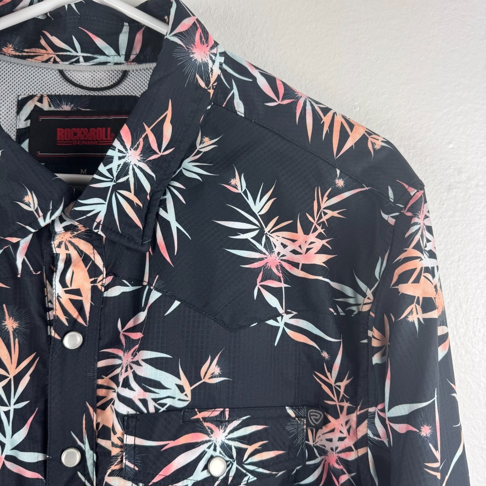 ROCK & ROLL DENIM Mens long sleeve pearl snap button roll tab Hawaiian shirt - M